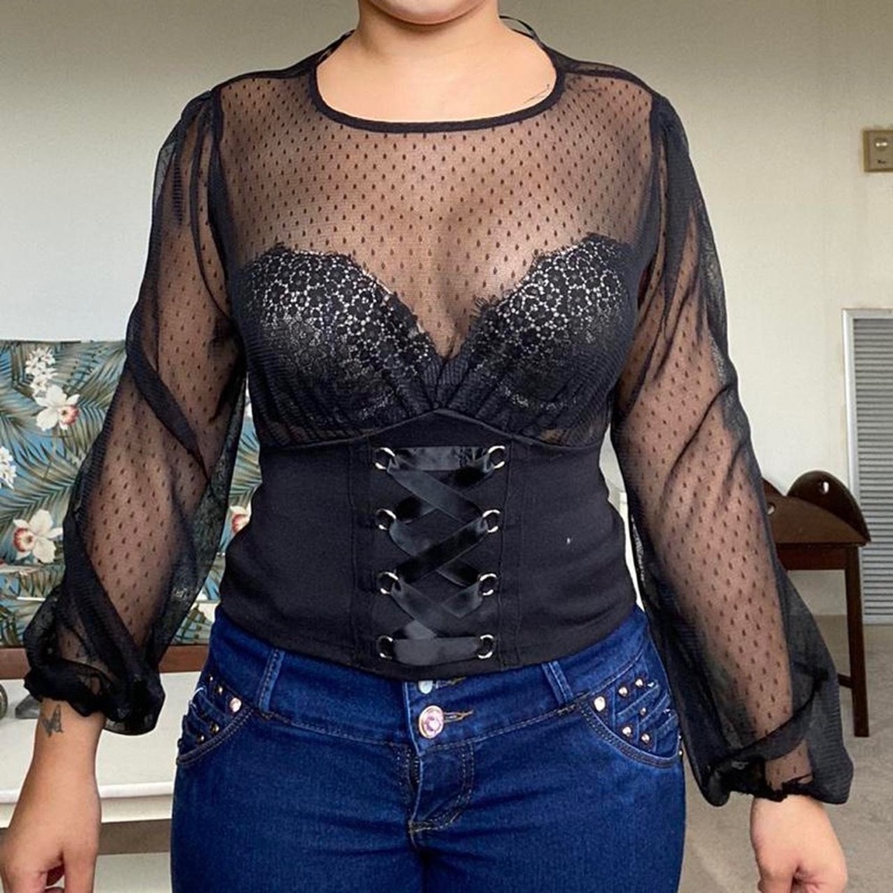 Primark polka dot lace long sleeve shirt with cotton lower waistline